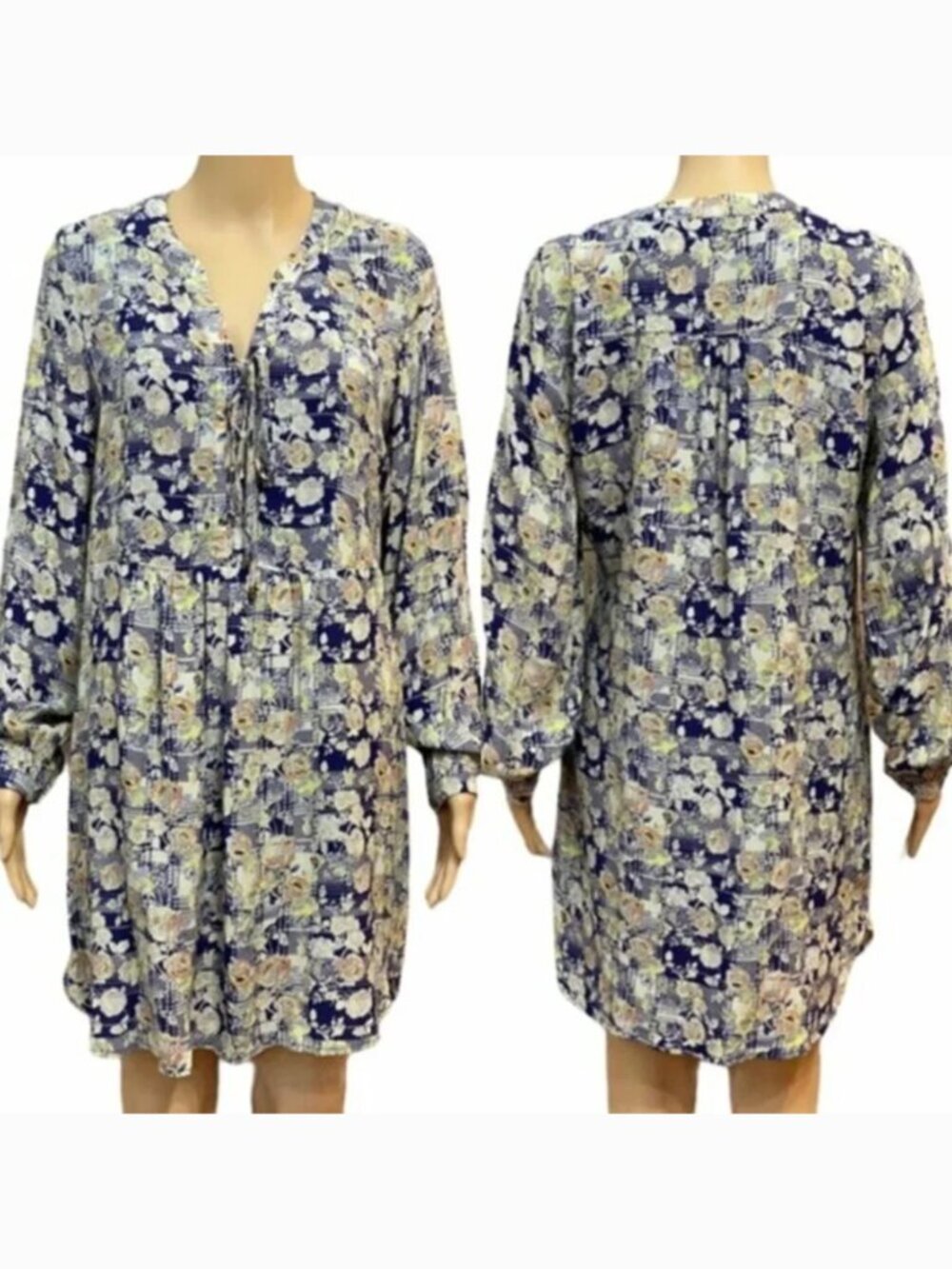 SKIES ARE BLUE STITCH FIX STITCHFIX Navy Blue Cream Floral Lace Up Dress Tunic ?